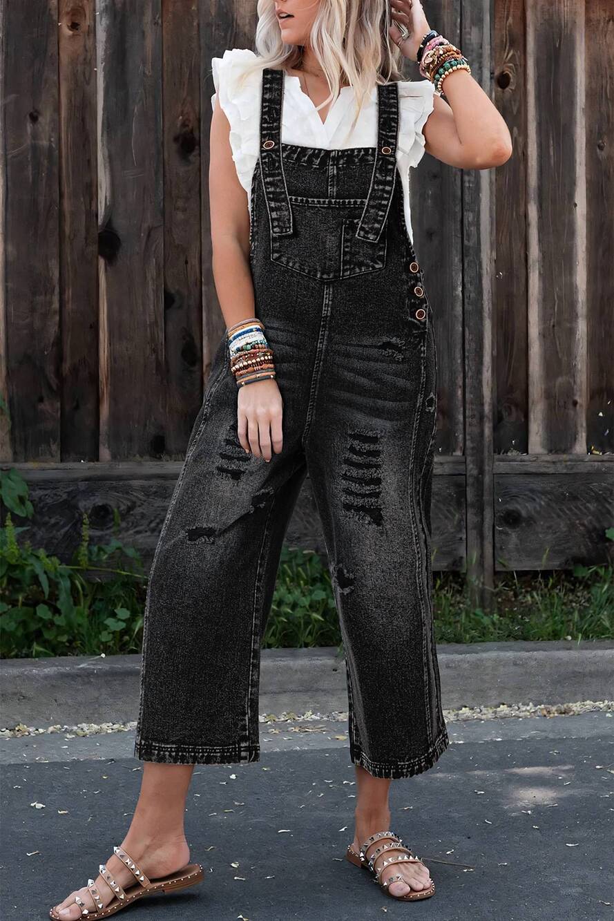 NEW LITTLE DAISY CLOSET women's distressed bib pocket wide leg denim overall in